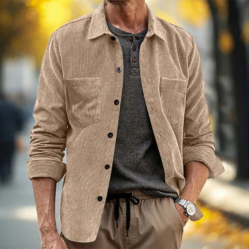 AIDASE  -  Long Sleeve Button-up Turn-down Collar Men Shirt Jacket Streetwear Vintage Solid Color Tops Retro Pocket Striped Corduroy Shirts aidase-shop